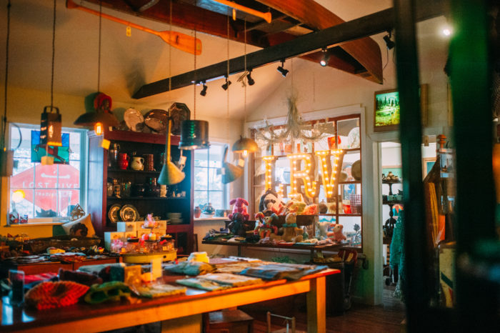 Inside Lost River Trading Post shop with items for sale laid out on tables and shelves