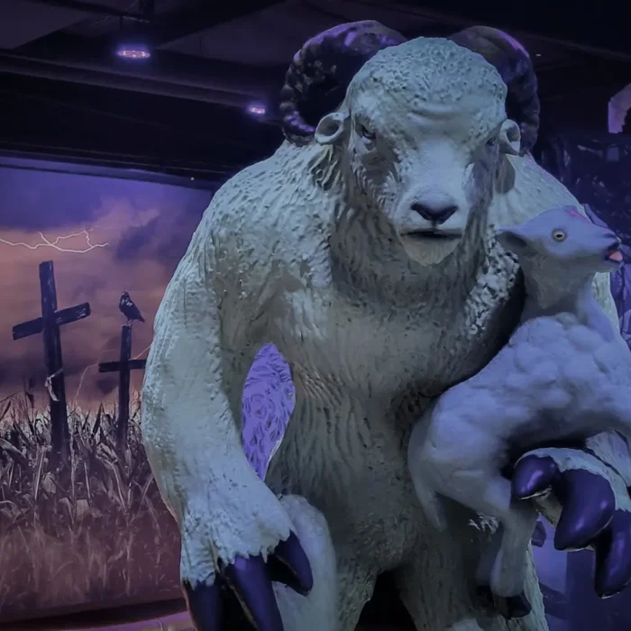 Museum exhibit featuring a large, pale ram statue holding a smaller creature, set against a dramatic backdrop with crosses and lightning in a purple-lit environment.